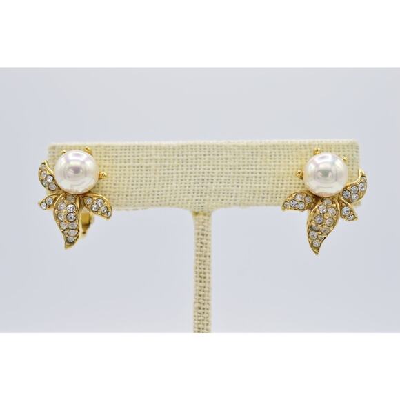 Atwood & Sawyer Vintage Clip Earrings Pearl Flower Crystal Gold A&S Signed BinZ - Picture 1 of 10